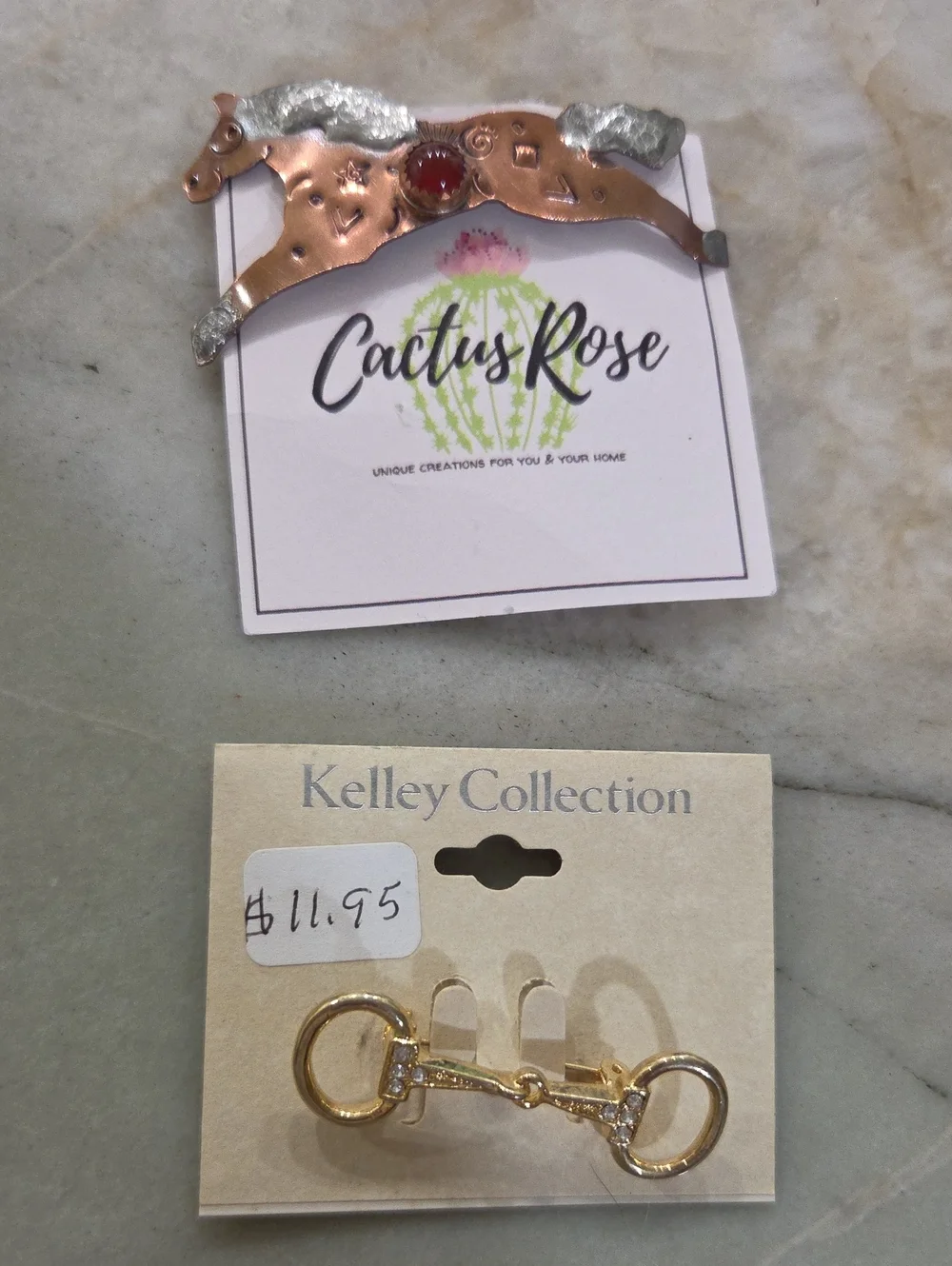 Kelley Collection Gold-Tone Horsebit Brooch & Cactus Rose Horse